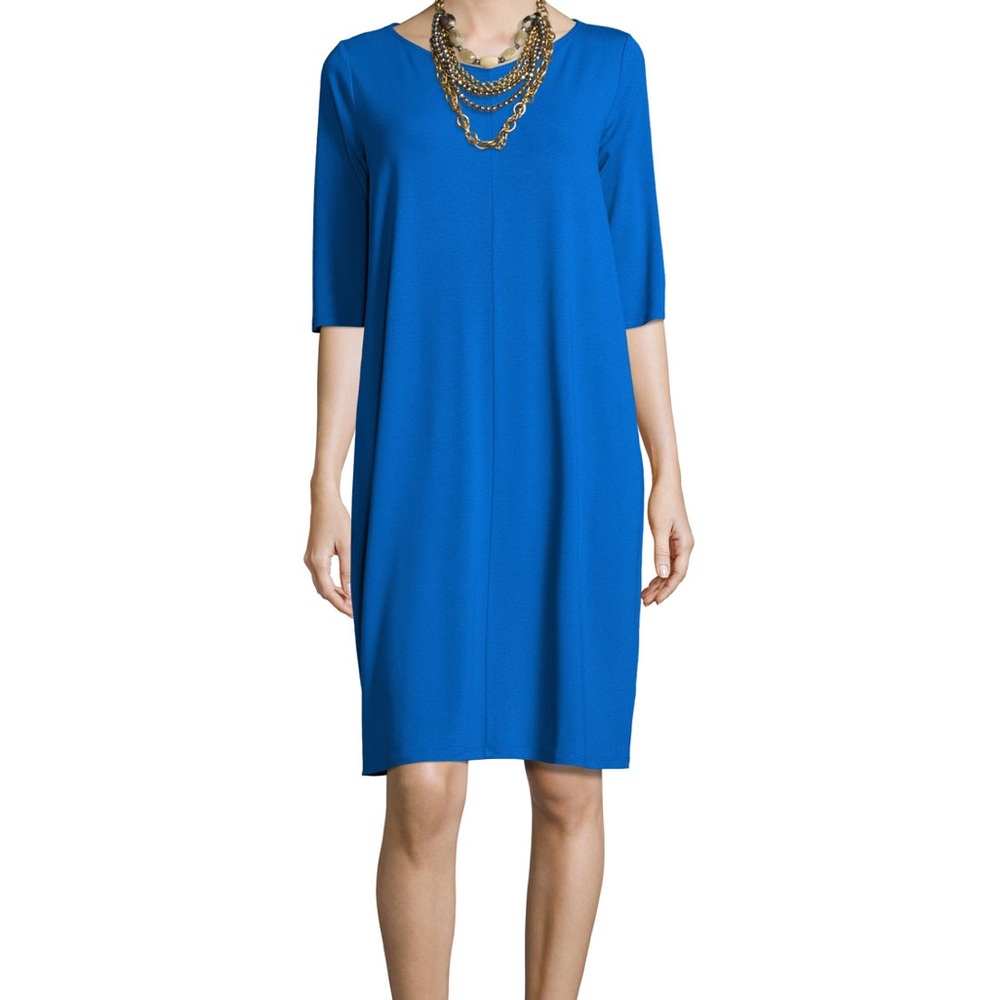 Eileen Fisher Blue 3/4 Sleeve V-Neck Viscose Jersey Shift Dress Women’s Medium